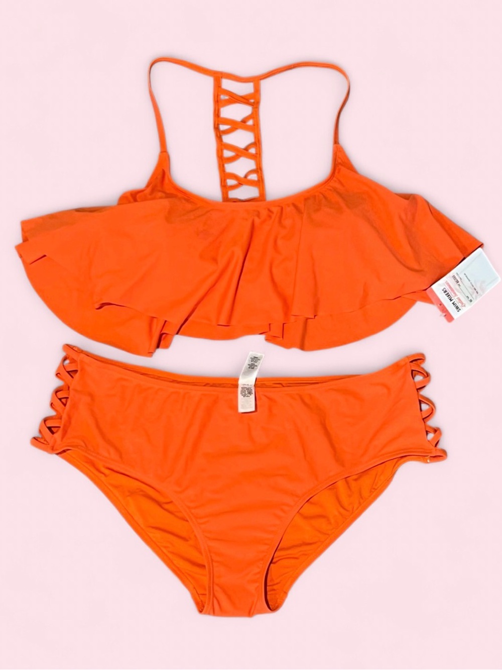 Vintage Kmart Plus Size Bright Orange Ruffle Bikini with Lattice Back XXL